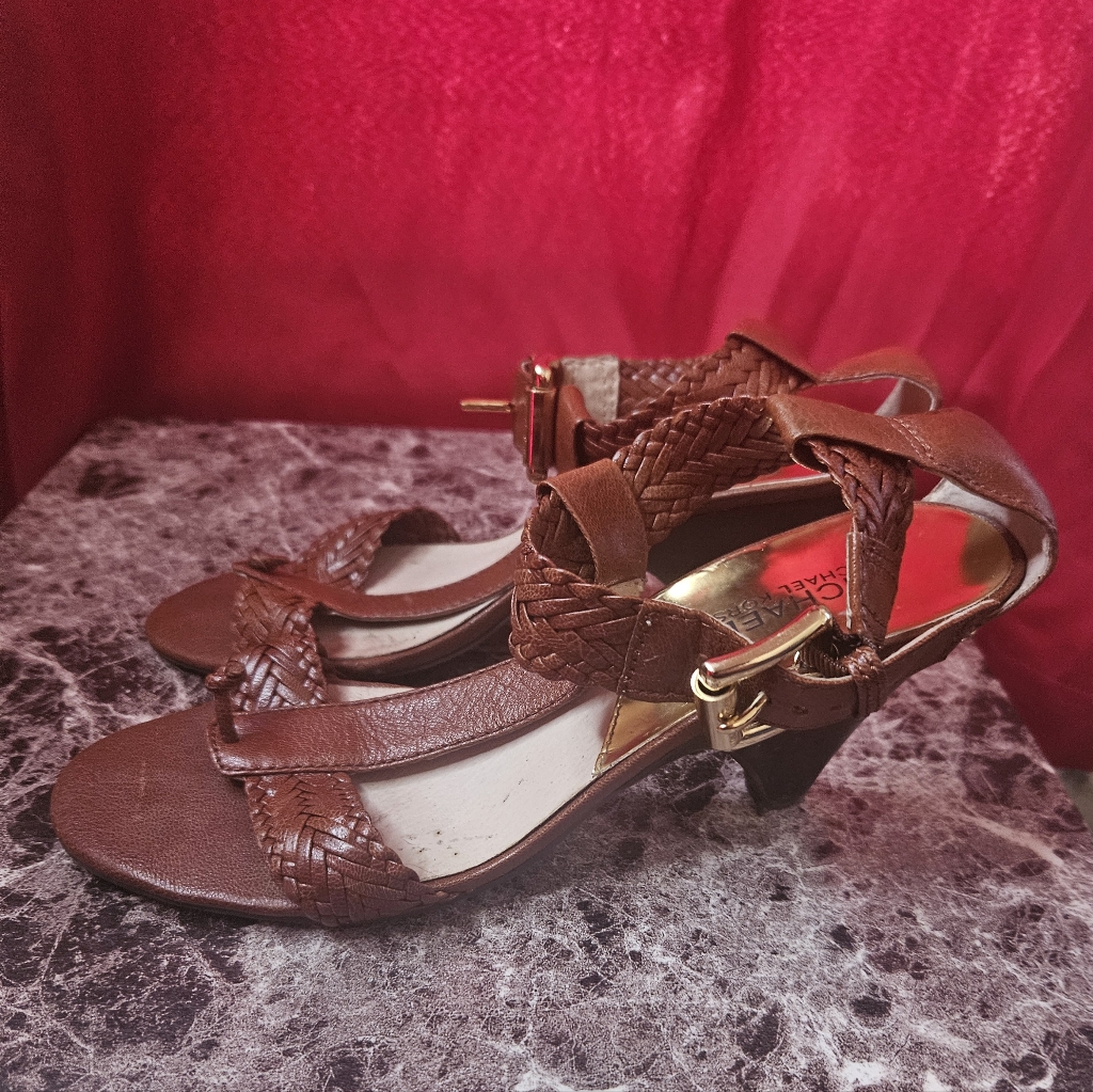 Michael Kor's Women's Luggage Brown Woven Strap Women’s Heel Sandals Size 8
